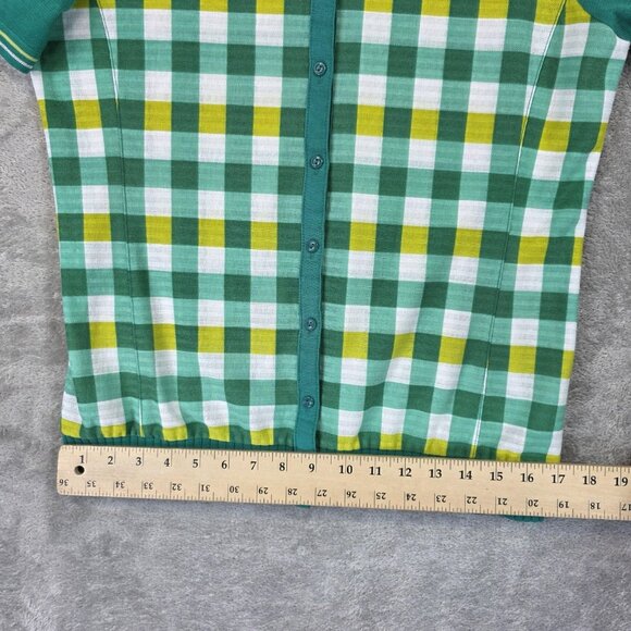 PAT Shirt Womens Large Green White Yellow Plaid Button Front Short Sleeve Knit - Picture 7 of 10
